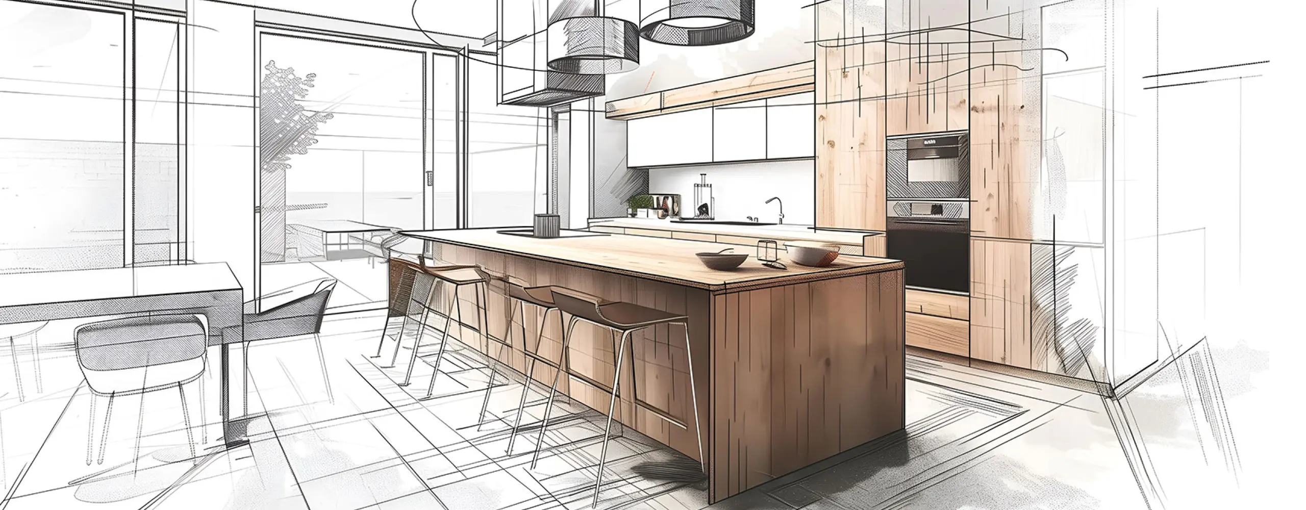 Moderne Küchenplanung mit 3D-Skizze einer offenen Küche im Holz-Look. Realistische Visualisierung mit Kochinsel, Sitzplätzen und eleganter Linienführung für individuelle Küchendesigns.